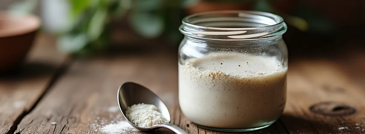 Glas mit Sauerteig-Anstellgut und einem Löffel Mehl auf einem Holztisch