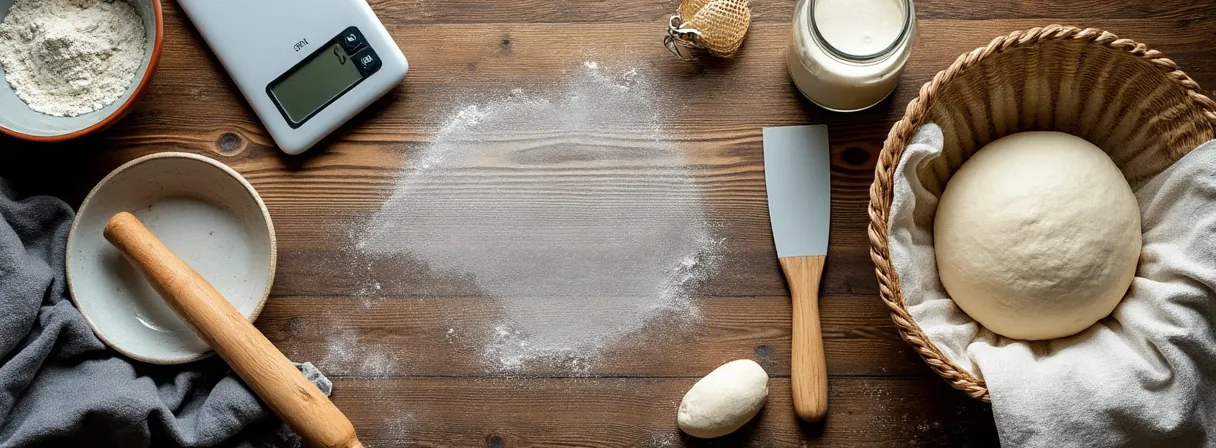 Backwerkzeug wie Teigkarte, Küchenwaage und Mehlschüssel auf einem Holztisch