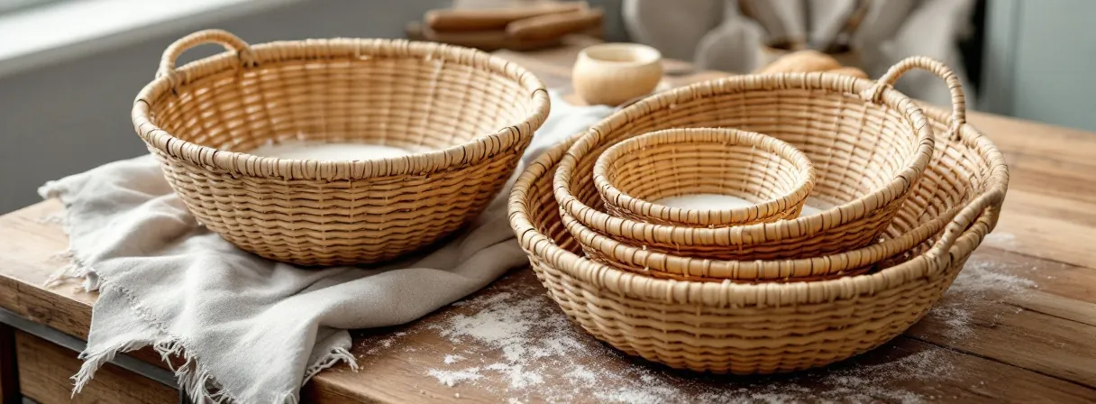 Mehrere runde Gärkörbe aus Peddigrohr in verschiedenen Größen auf einem bemehlten Tisch