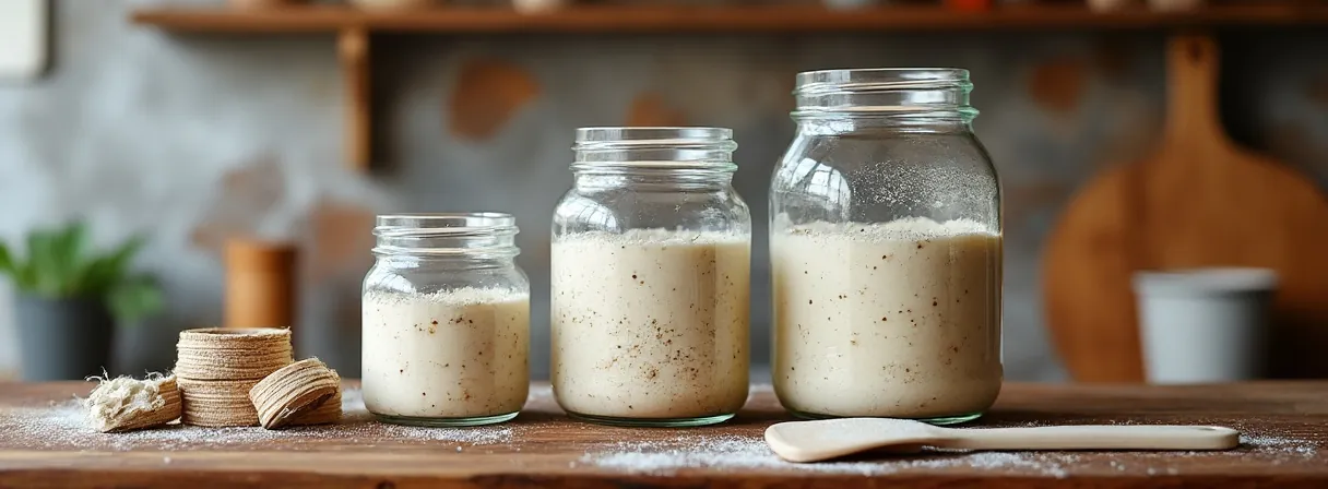 Drei Sauerteiggläser unterschiedlicher Größe mit Anstellgut auf einem Holzregal