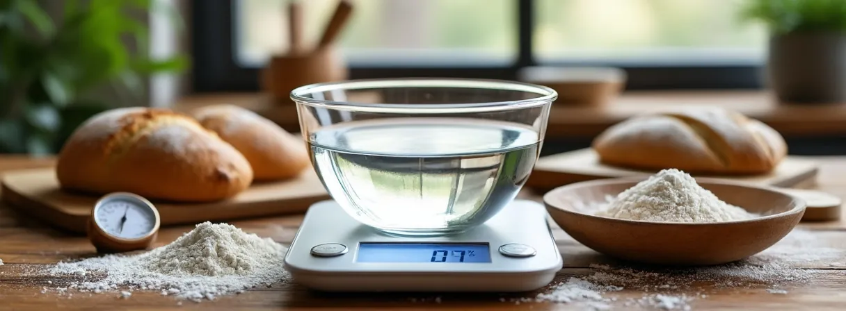Digitale Küchenwaage mit einer Schüssel Wasser neben Mehl und einem Thermometer