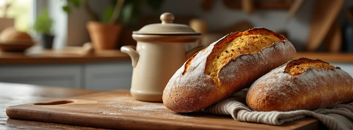 Zwei Brote auf einem Leinentuch neben einem Keramik-Brottopf