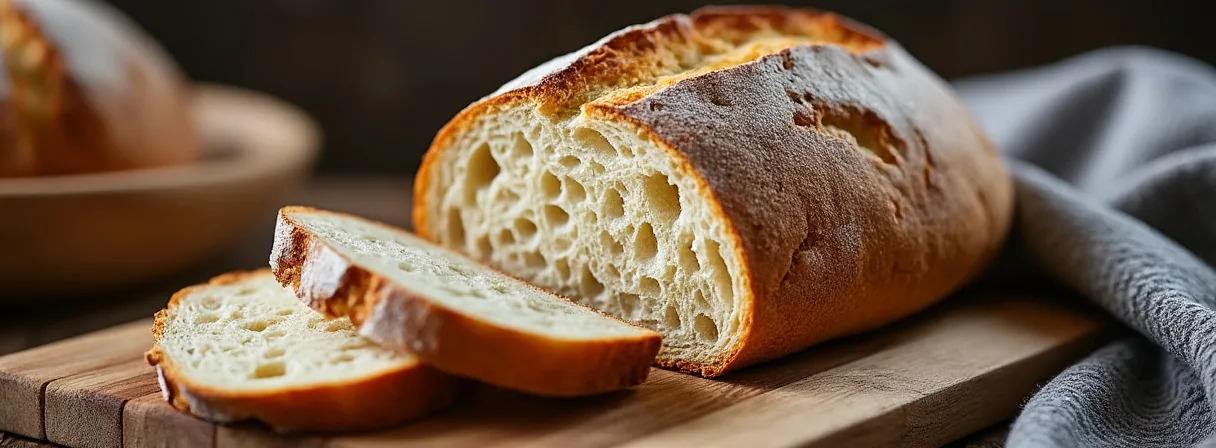 Aufgeschnittenes Sauerteigbrot mit sichtbarer Krumenstruktur auf einem Schneidebrett