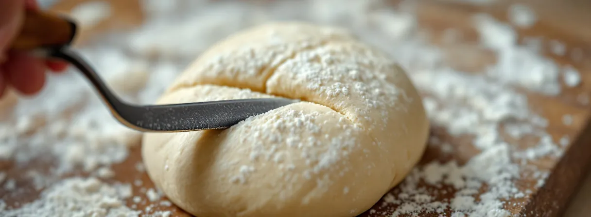 Bäckermesser mit gebogener Rasierklinge schneidet flach in einen rohen, bemehlten Teigling