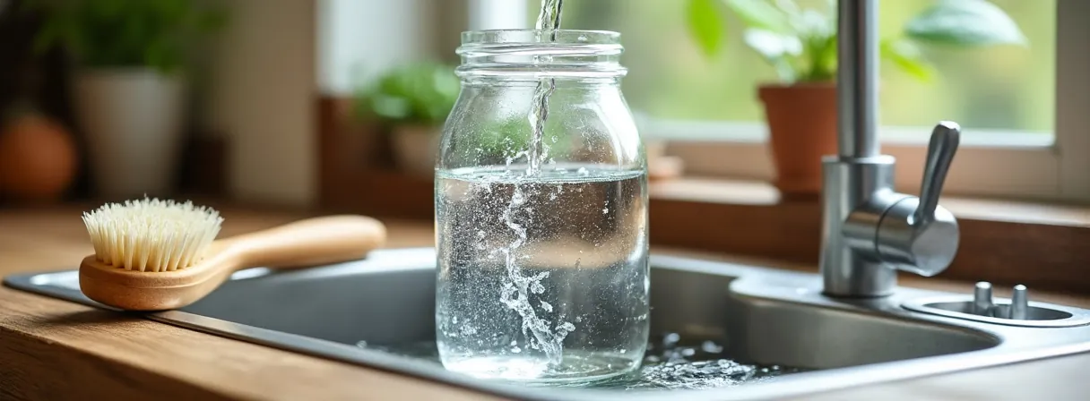 Leeres Glas wird unter heißem Wasser in der Spüle ausgewaschen, daneben eine Flaschenbürste