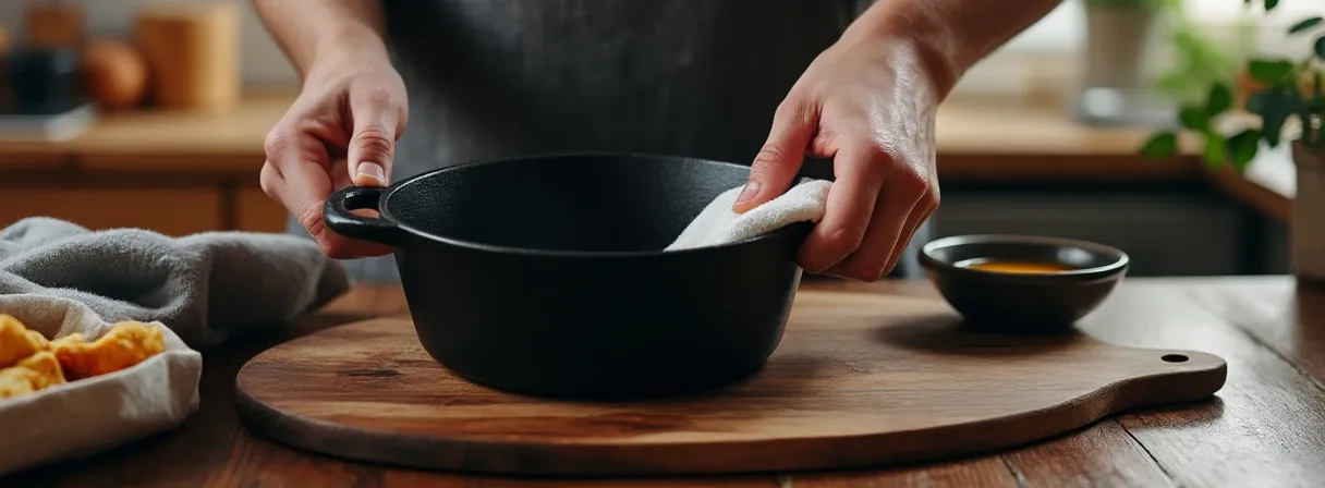 Hände reiben einen unbeschichteten gusseisernen Topf mit Küchenpapier dünn mit Öl ein