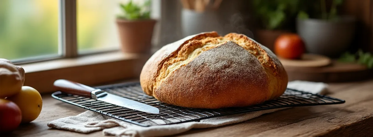 Frisch gebackenes Brot kühlt auf einem Gitter am Fenster aus, daneben ein Brotmesser