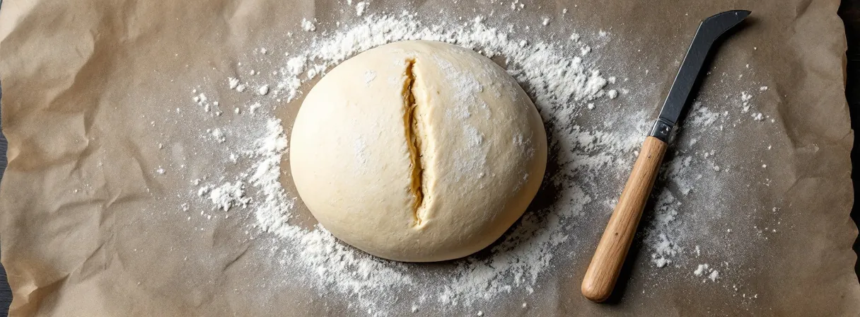 Bäckermesser mit Holzgriff neben einem rohen Teigling mit frischem Einschnitt