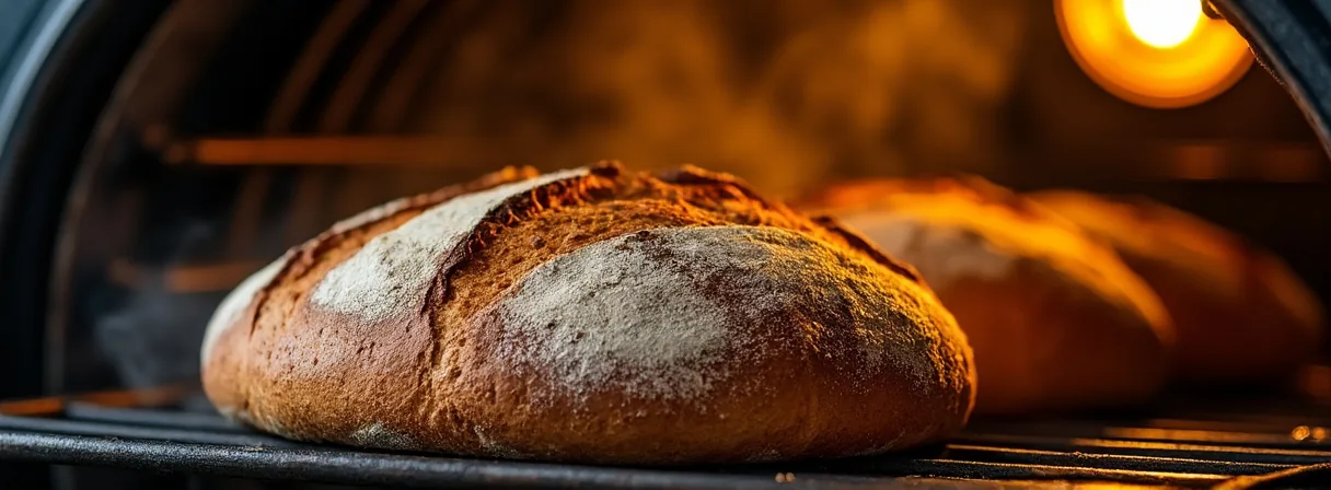 Brot bäckt im heißen Ofen mit sichtbarem Dampf