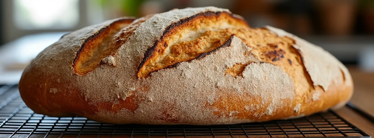 Gebackenes Sauerteigbrot mit deutlich aufgeklapptem Ohr entlang des Einschnitts