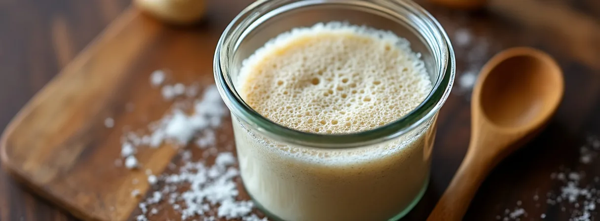 Aktives Anstellgut mit vielen Bläschen in einem Glas, daneben ein Holzlöffel
