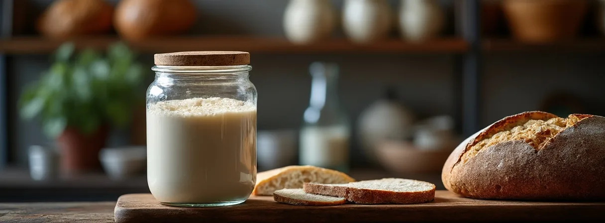 Glas mit ruhendem Sauerteig-Anstellgut auf einem Küchenregal